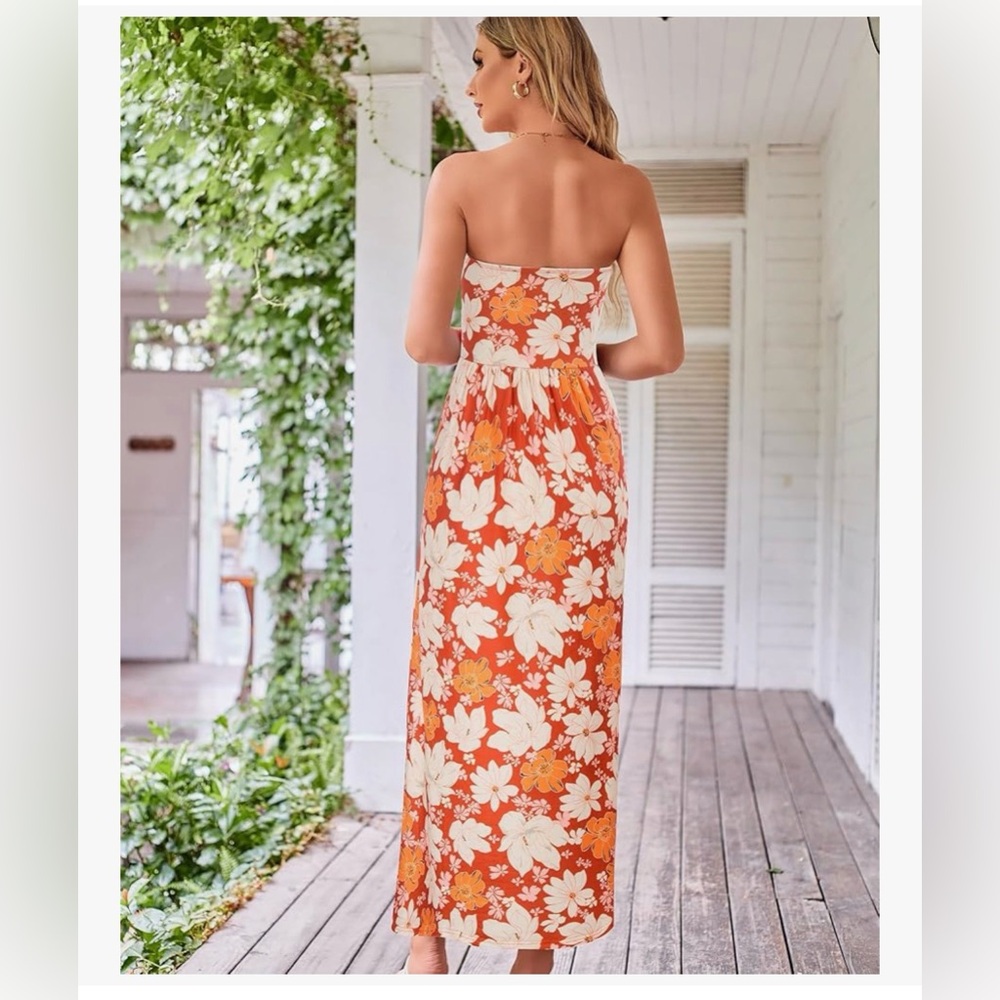 NWT Orange Floral Strapless Maxi Dress-S - Picture 5 of 10